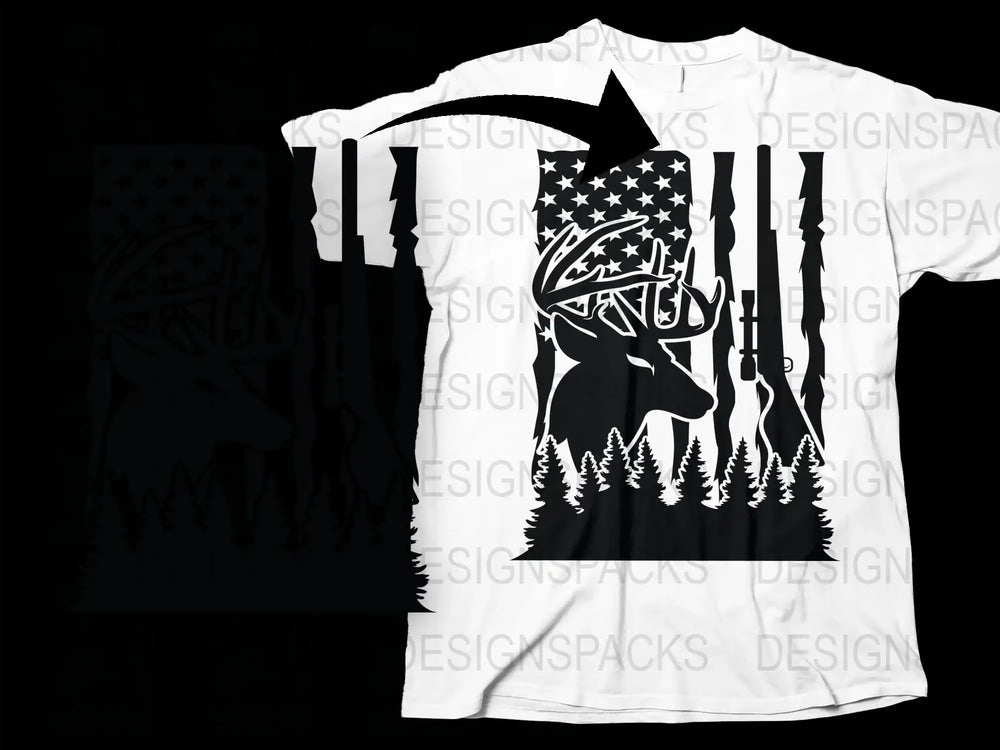 Patriotic Deer and Rifle Silhouette T-Shirt, American Flag Black and White Tee, Hunting Graphic Shirt, Outdoor Apparel