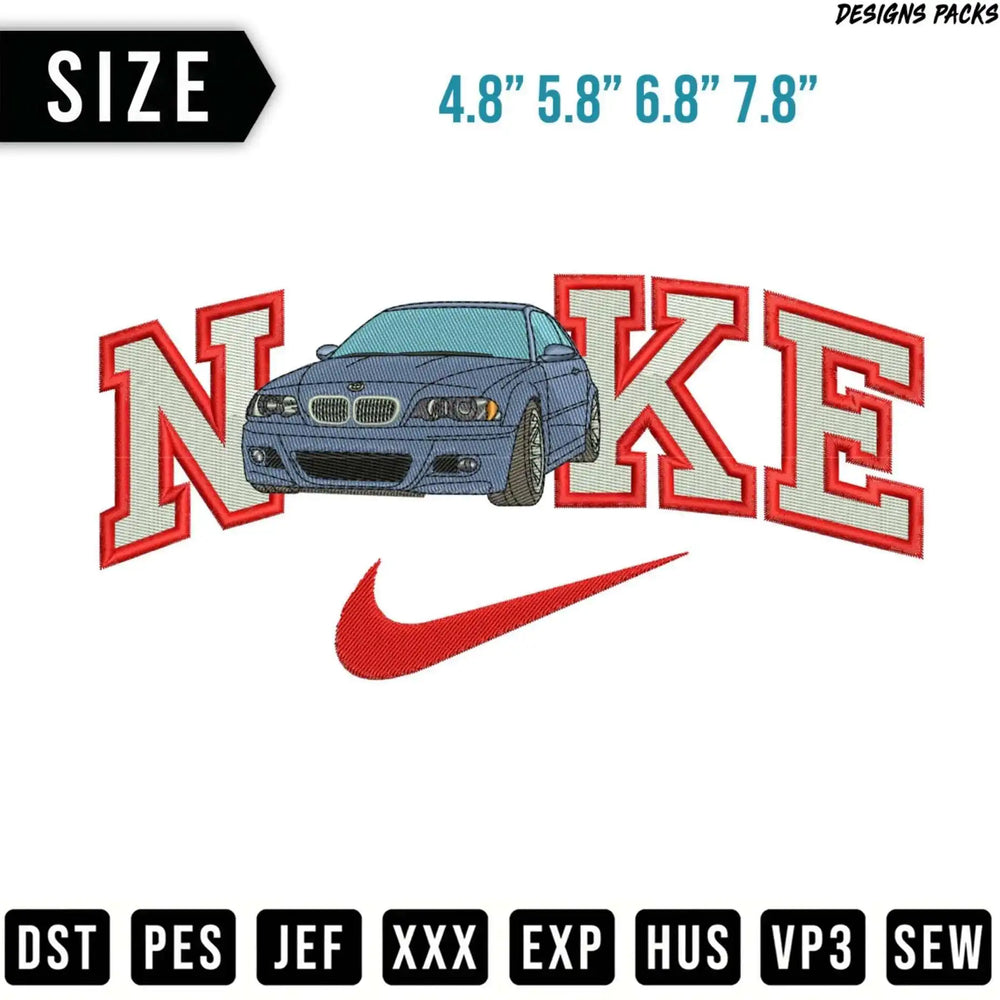 Embroidery design of a blue BMW M3 with Nike logo.