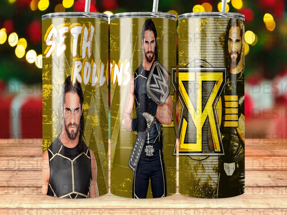 Seth Rollins holding WWE Championship belt against a black and gold X logo.