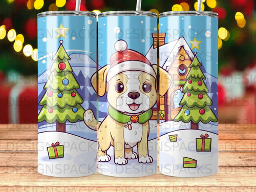 Golden dog in Santa hat with Christmas trees and gifts.
