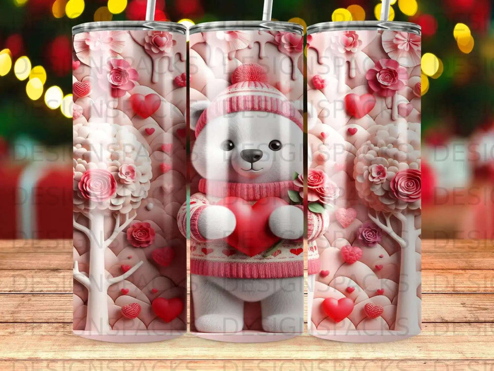 White bear wearing a hat and sweater holding a heart, surrounded by hearts and flowers.