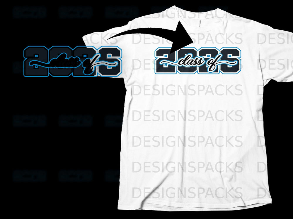 White t-shirt with "Class of 2025" graphic and a black arrow.
