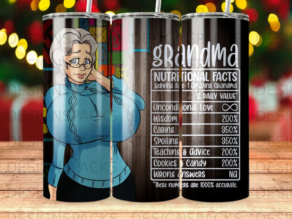 Grandma tumbler with nutritional facts label and illustration of an elderly woman.