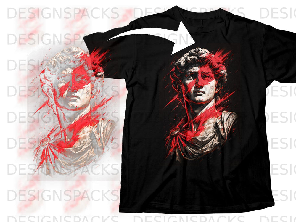 Black t-shirt with a distressed depiction of a classical bust with red abstract elements.