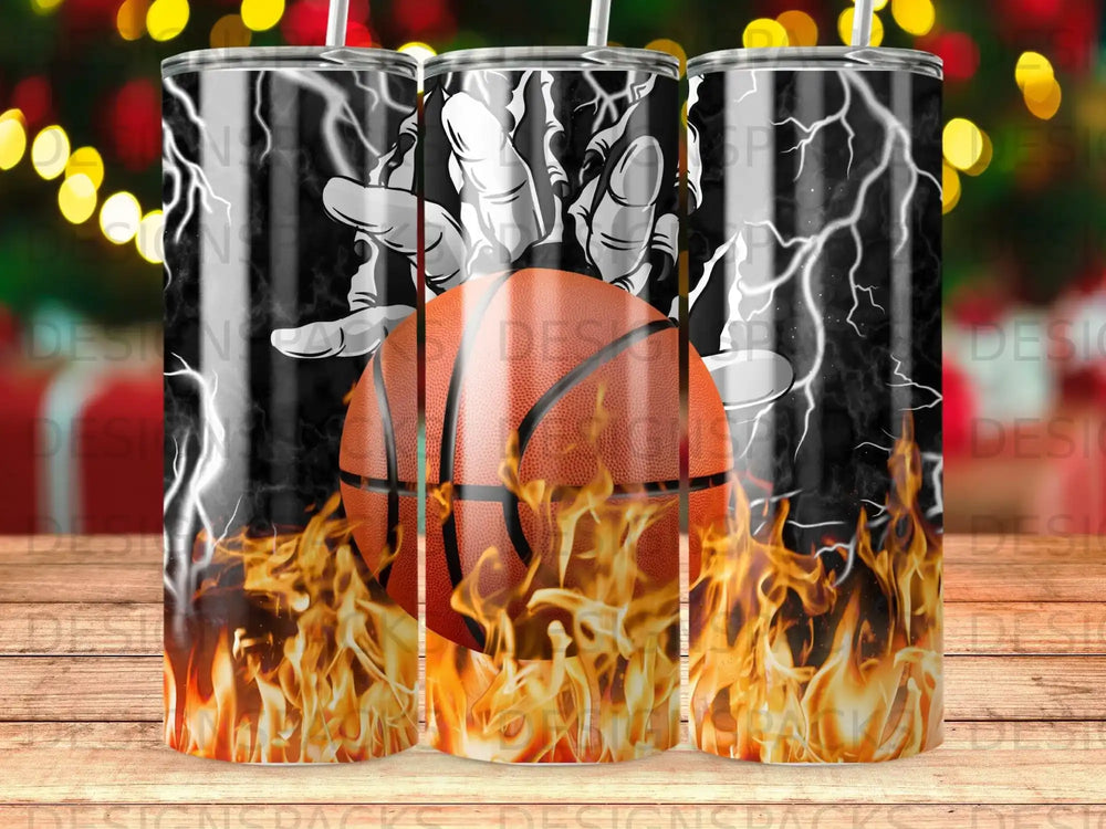 Basketball with flames and lightning, reaching hand on a tumbler.