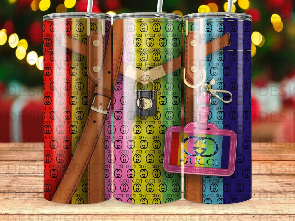 Gucci logo pattern on a colorful tumbler with a leather tag.