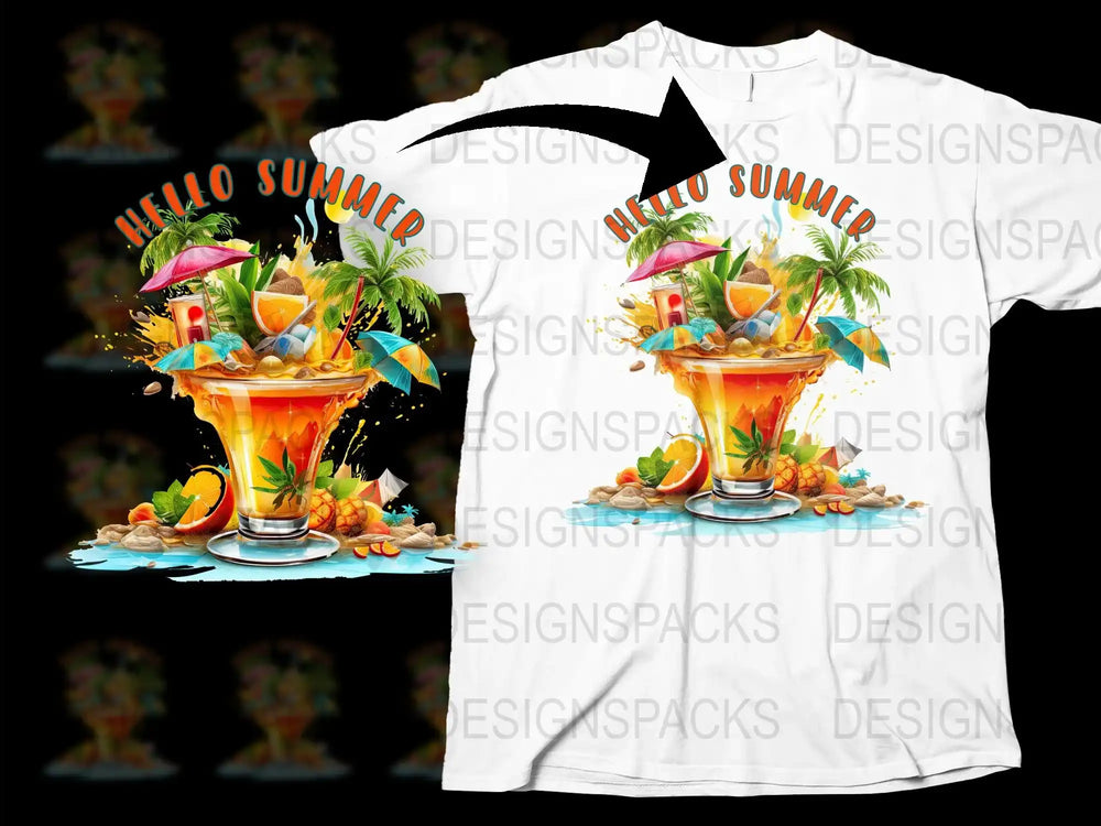 Tropical Summer T-Shirt, Hello Summer Graphic Tee, Vibrant Beach Party Drink Design, Unisex Fashion