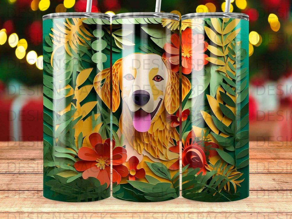 Golden retriever with flowers and foliage on a patterned tumbler.
