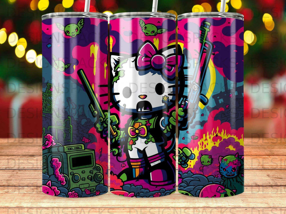 Cartoon cat character with guns, vibrant psychedelic background.