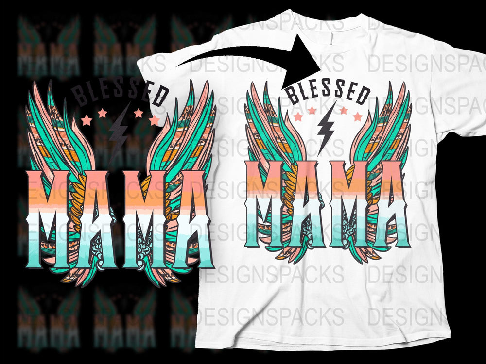 Blessed Mama T-Shirt, Boho Chic Graphic Tee with Winged Design, Women's Casual Fashion Top