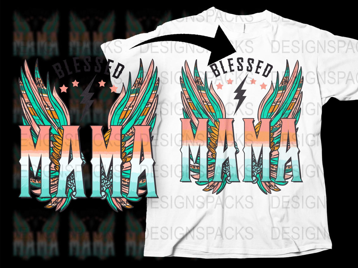 Blessed Mama T-Shirt, Boho Chic Graphic Tee with Winged Design, Women's Casual Fashion Top