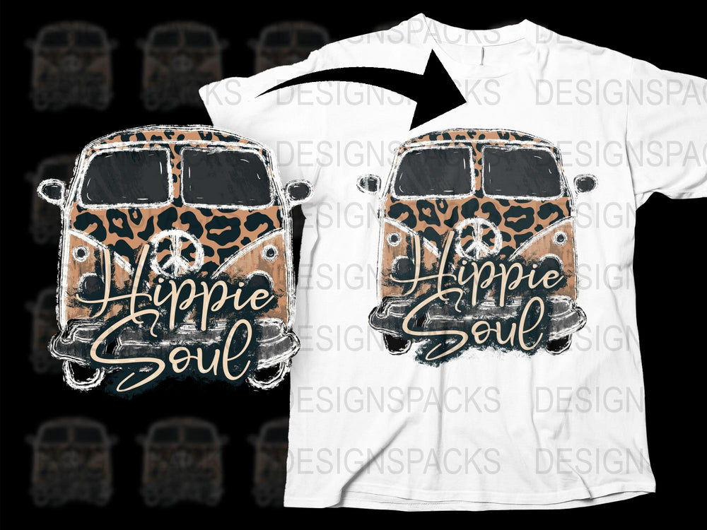Hippie Soul T-Shirt, Retro Van Graphic, Leopard Print, Vintage Style Tee, Unisex Fashion Top