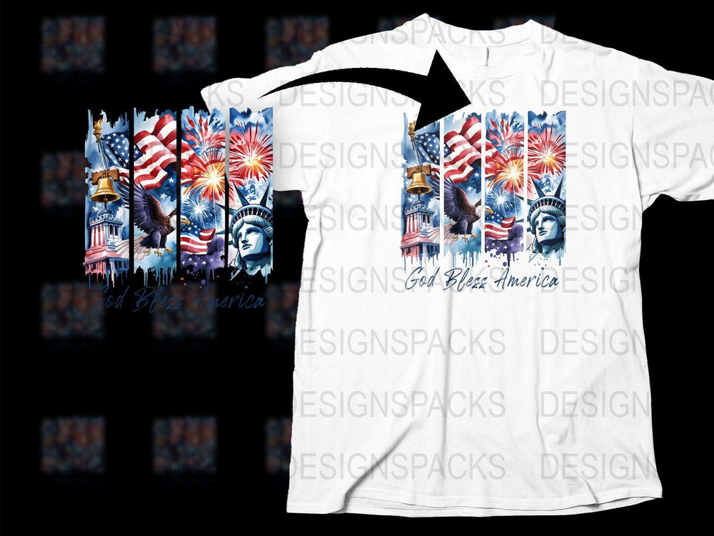 Patriotic T-Shirt USA Flag Statue of Liberty Fireworks God Bless America Tee