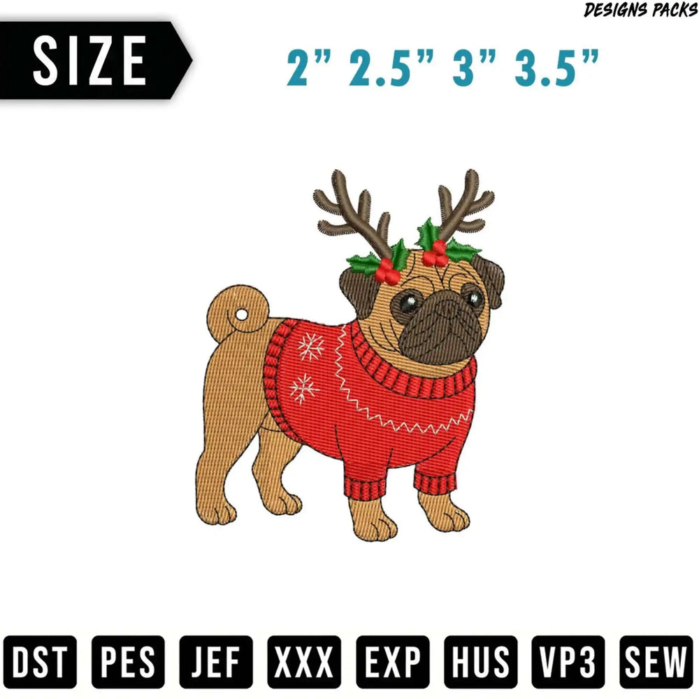 Embroidered pug in a red sweater with antlers, available in four sizes.