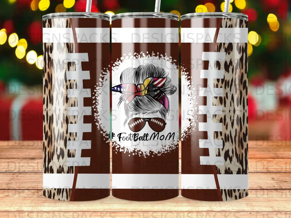Tumbler with football, leopard print, and "Football Mom" text.