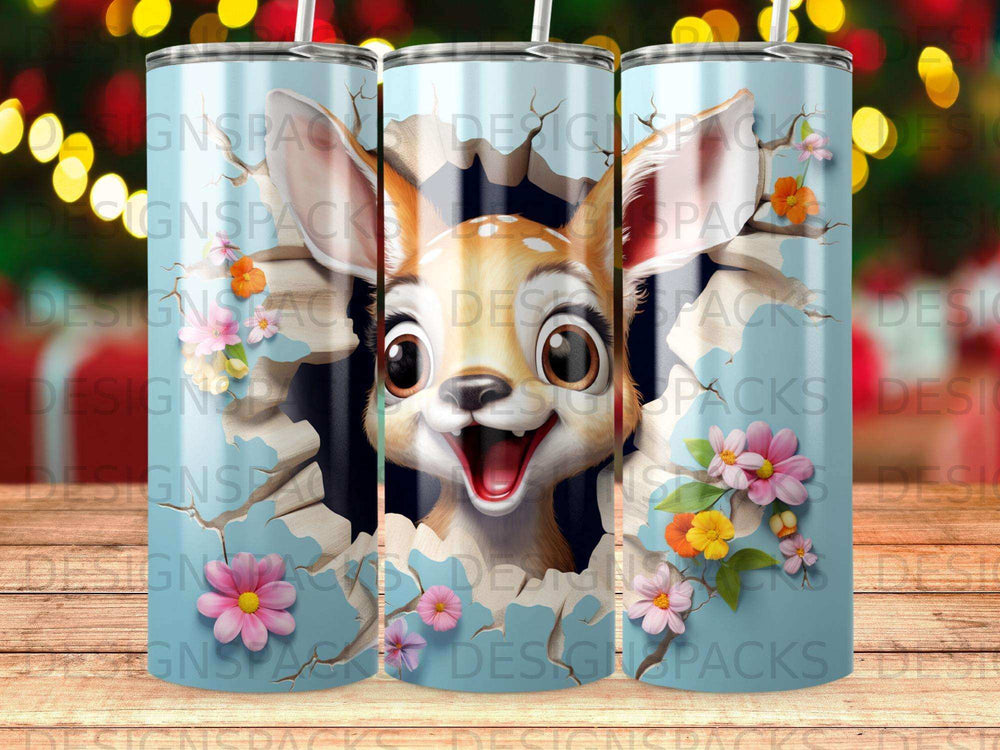 Cute deer peeking through a cracked wall with flowers.
