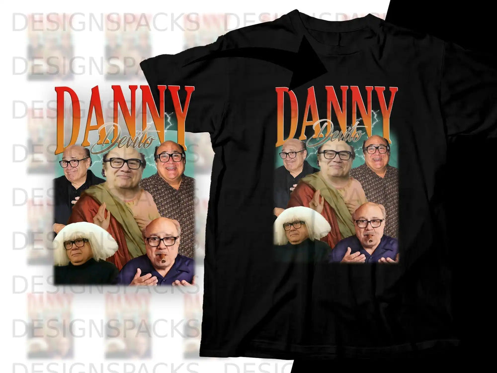 Danny DeVito collage design on black t-shirt.