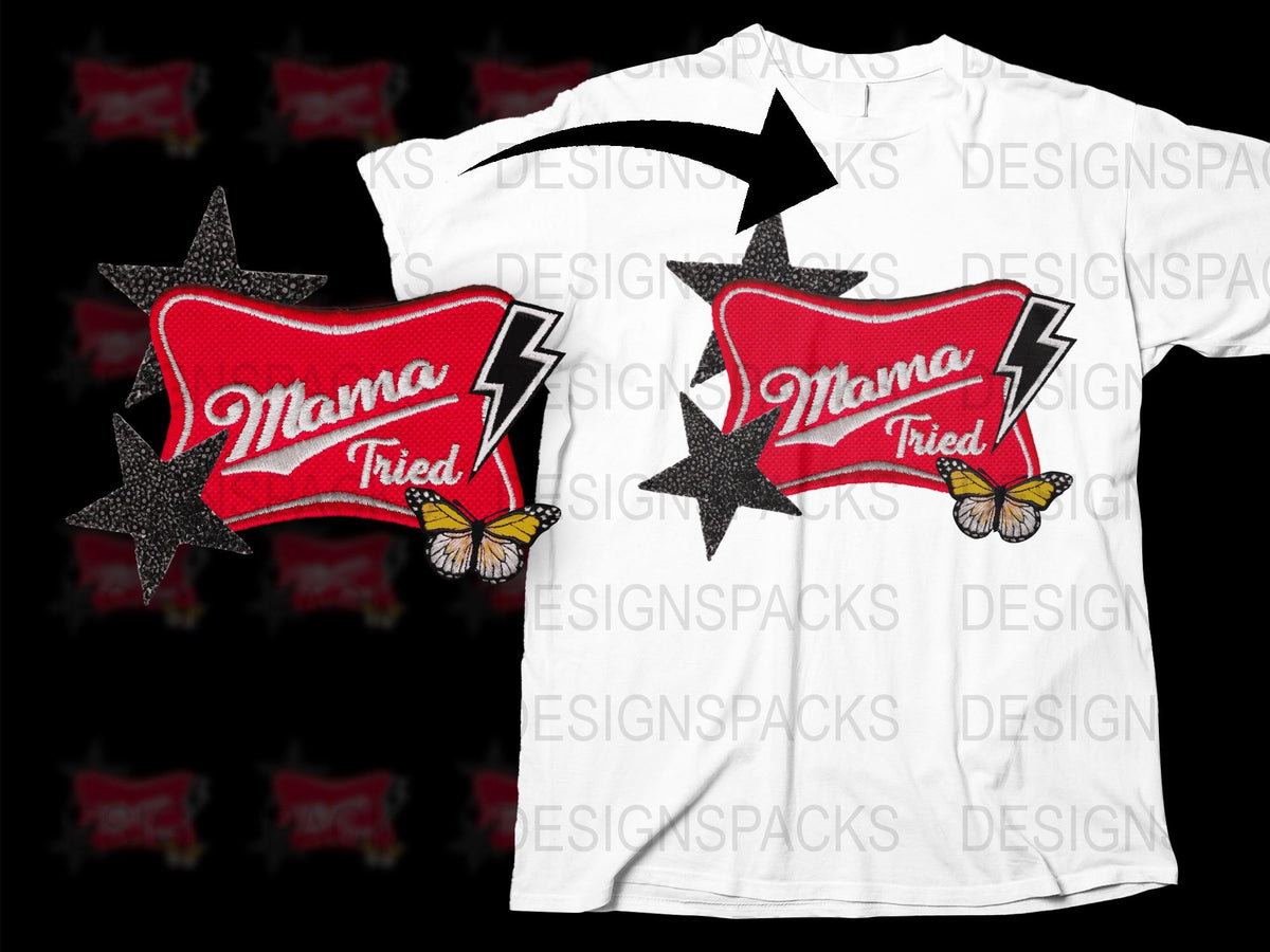 Mama Tried T-Shirt with Retro Red Star, Lightning Bolt, and Butterfly Design, Vintage Style Graphic Tee