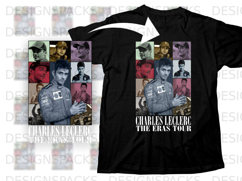 Black t-shirt featuring a collage of Charles Leclerc photos and "THE ERAS TOUR" text.