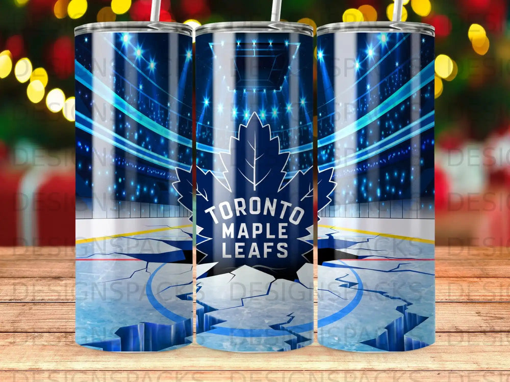Toronto Maple Leafs logo on a hockey rink, with stadium lights and crowd.