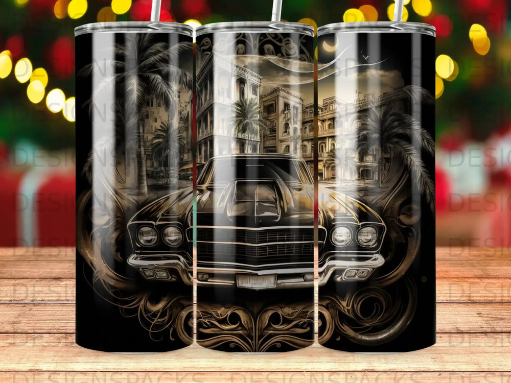 Vintage black car with ornate scrollwork in front of a detailed cityscape.