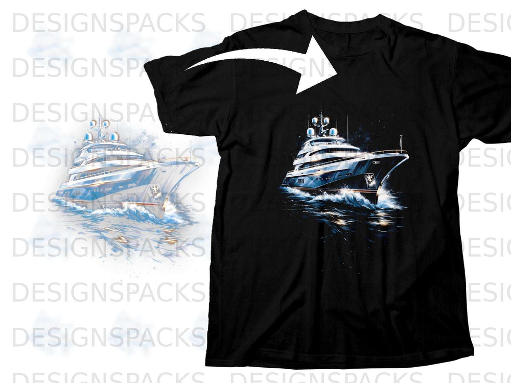 Black t-shirt featuring a graphic of a large yacht sailing on choppy blue waters.