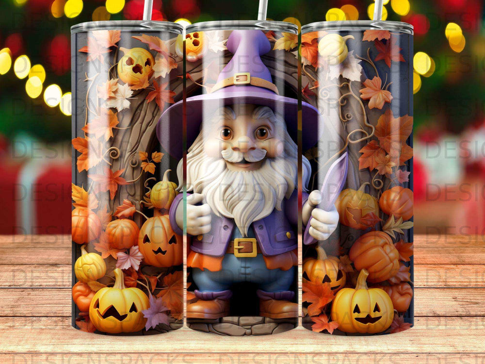 Gnome in purple hat and coat holding carrot with pumpkins and autumn leaves.