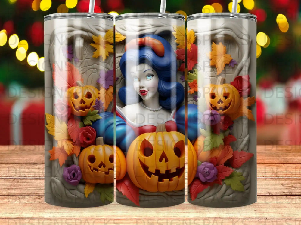 Snow White surrounded by pumpkins and autumn leaves on a tumbler.