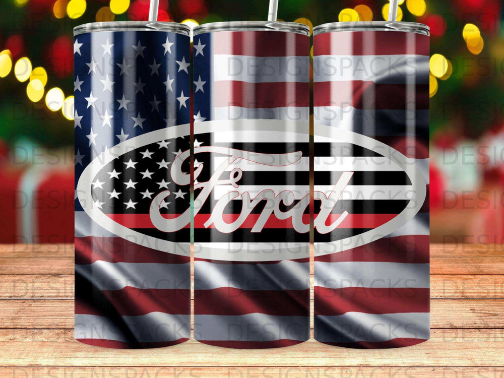 Ford logo on US flag tumbler with bokeh lights background.