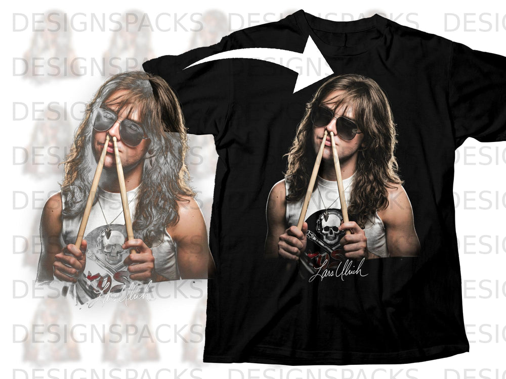 Black t-shirt featuring Lars Ulrich holding drumsticks with a skull graphic.