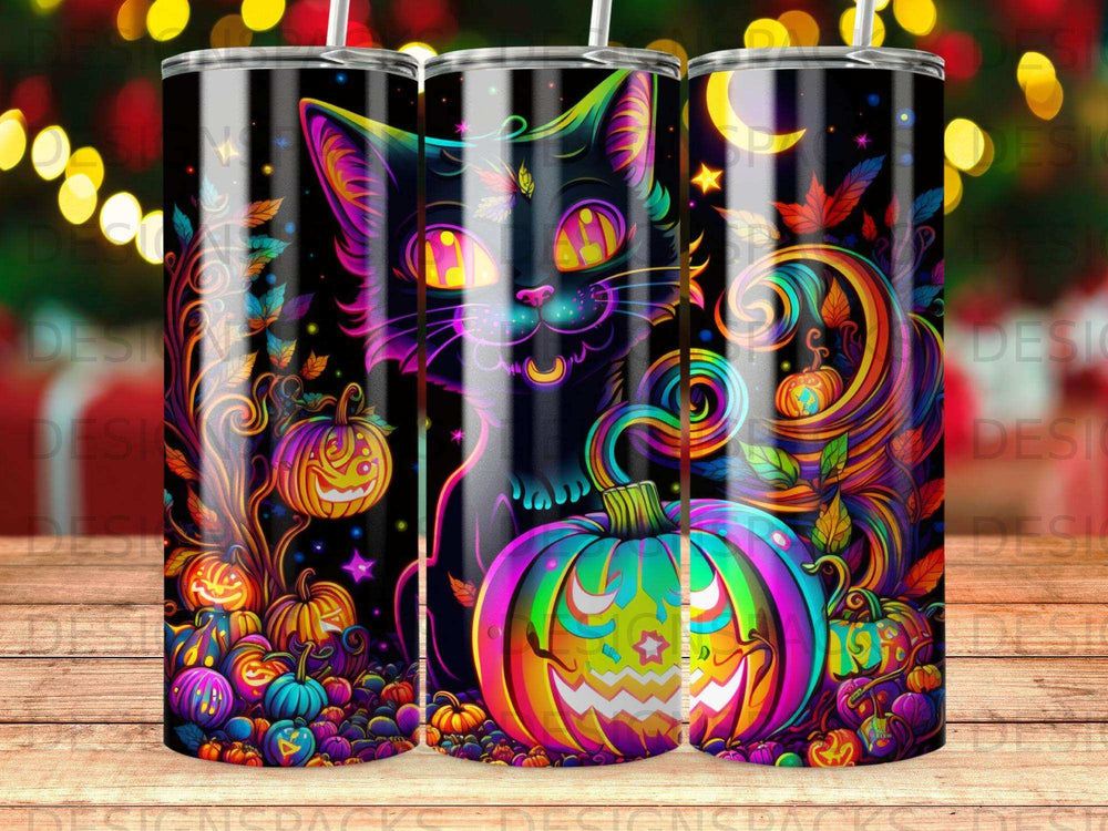 Black cat with jack-o'-lanterns and colorful Halloween designs.