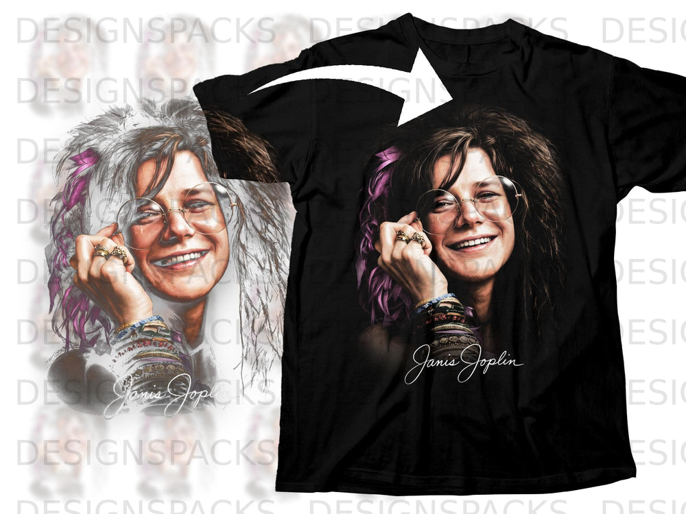 Black t-shirt with a portrait of Janis Joplin and her signature.