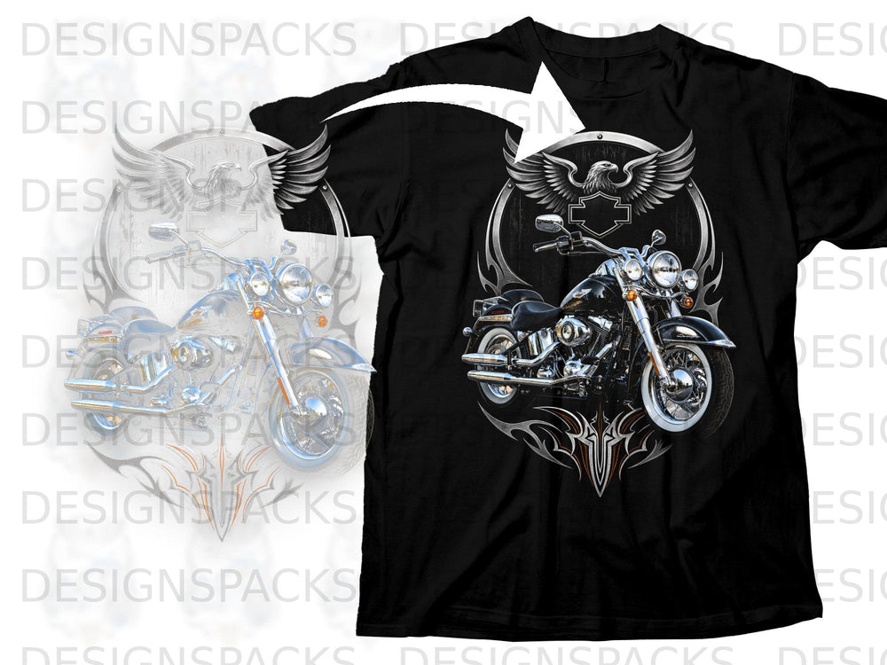 Black t-shirt with graphic of a motorcycle and eagle emblem.
