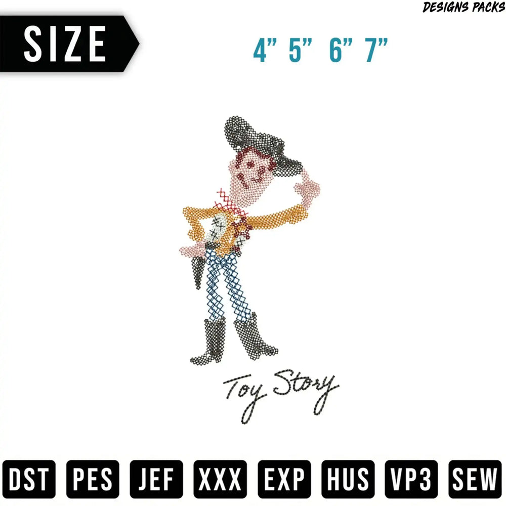 Woody from Toy Story embroidery design with size and file format options.
