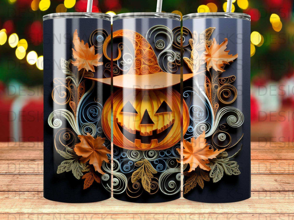 Halloween pumpkin in witch hat with autumn leaves and swirling paper art.
