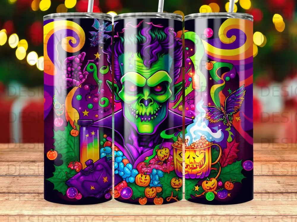 Green monster with purple accents on a Halloween-themed tumbler design.