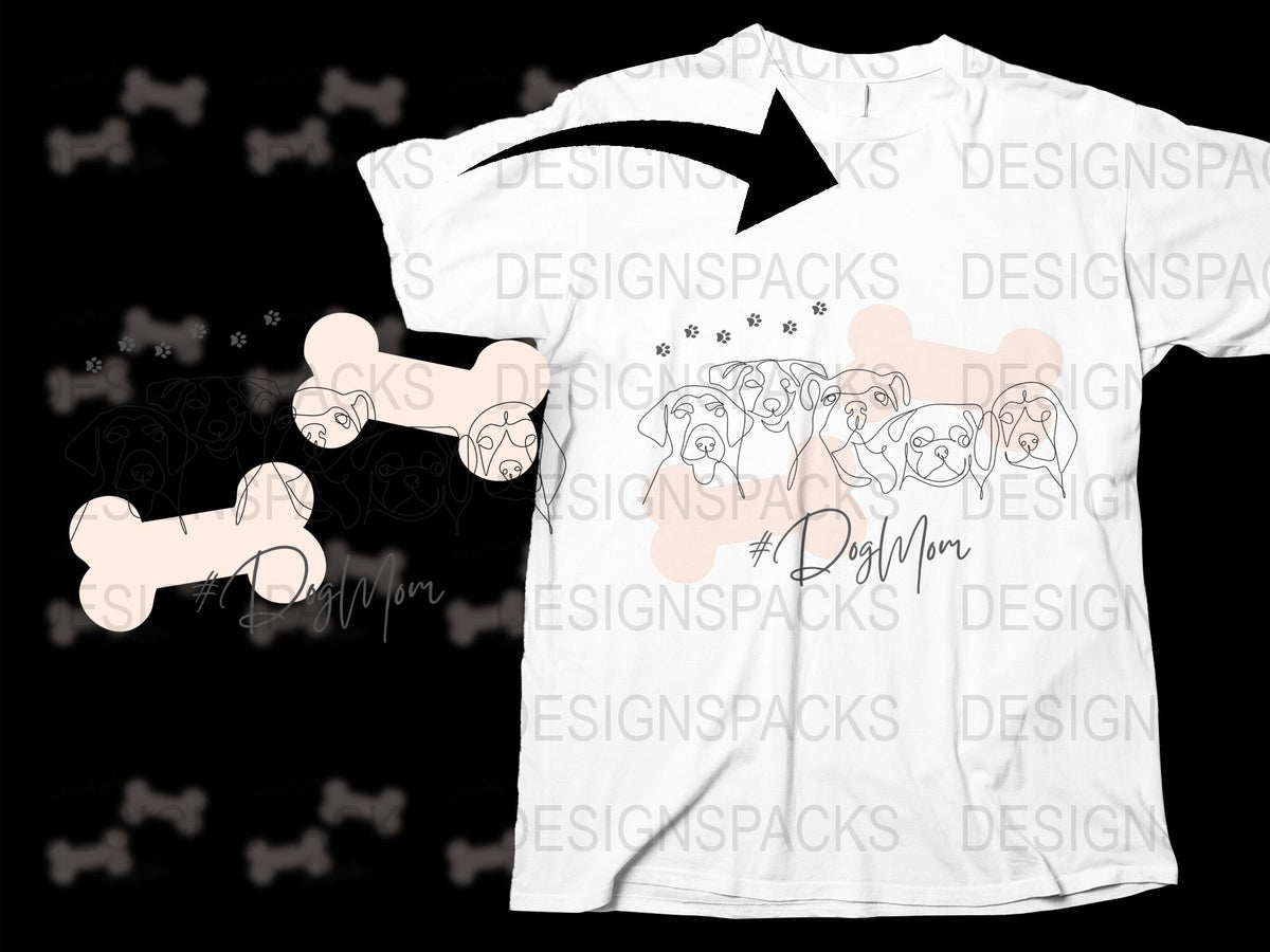 Dog Mom T-Shirt with Paw Print and Cartoon Dogs Graphic, Cute Pet Lover Tee, White Cotton Shirt for Women