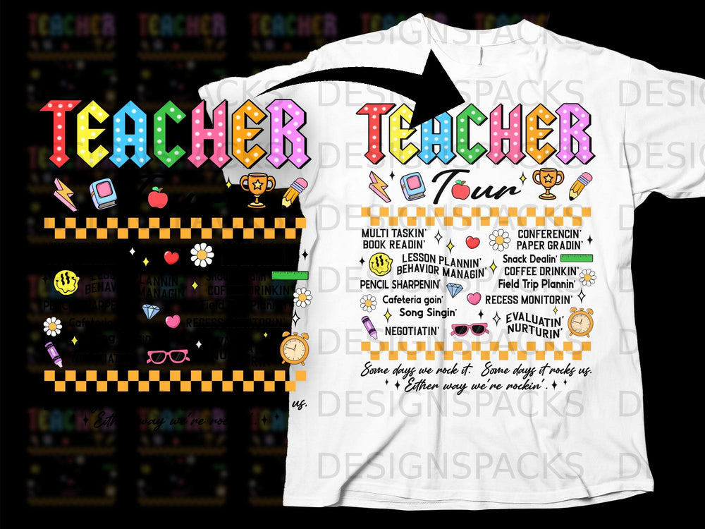 Teacher Tour graphic with icons and classroom activities list.
