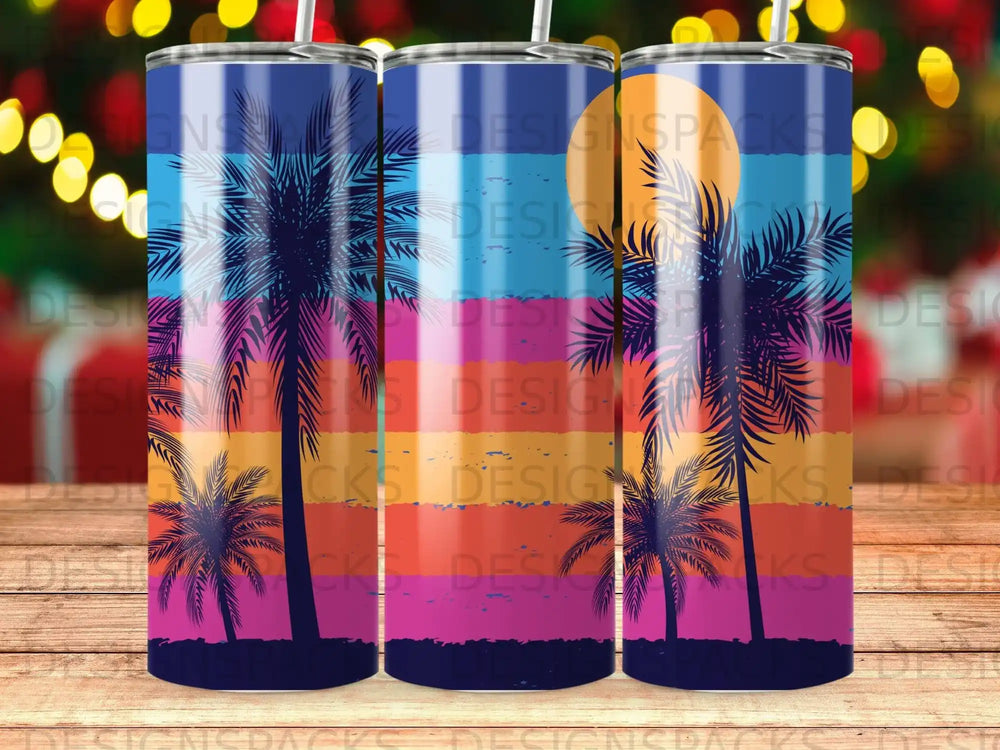 Palm trees silhouetted against a sunset gradient on a cylindrical tumbler.