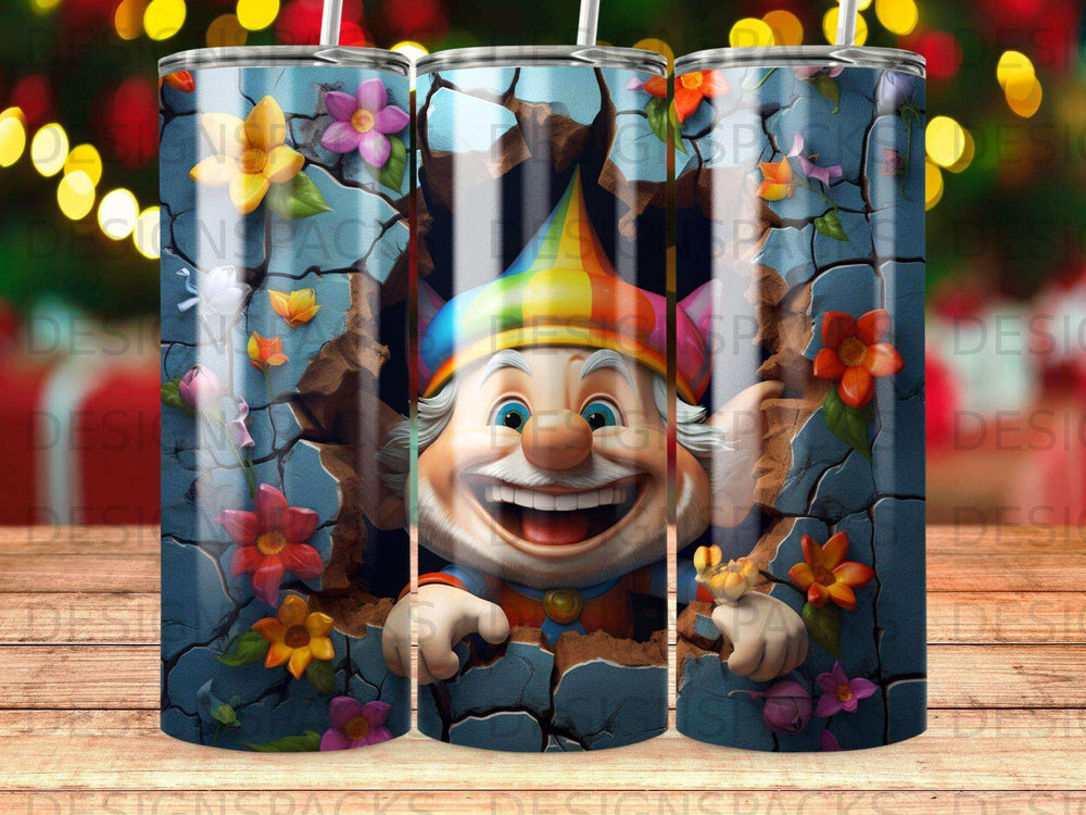 Cheery gnome with rainbow hat breaks through cracked wall with flowers.