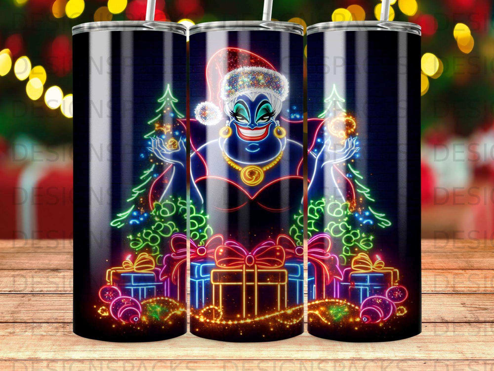 Ursula in a Santa hat with Christmas lights and gifts.