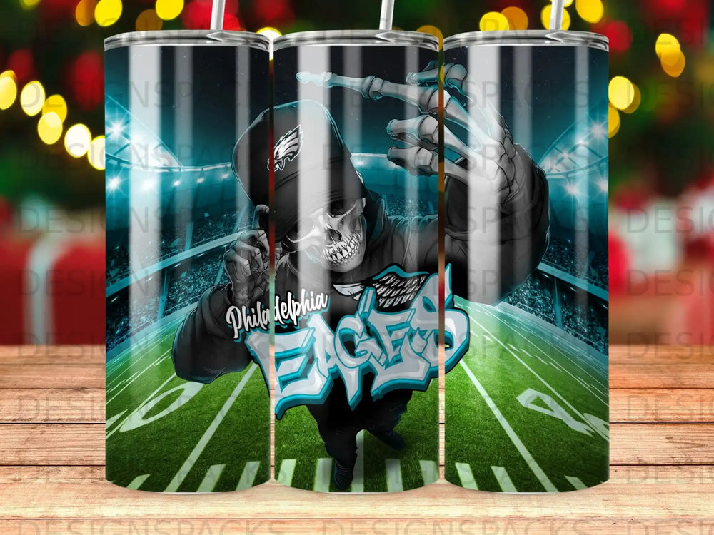 Skeleton in Eagles hoodie pointing finger, "Philadelphia Eagles" text, football field background.