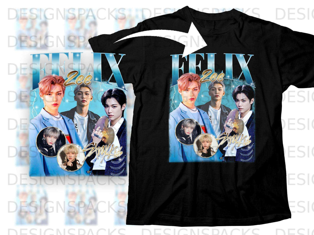 Black t-shirt featuring Felix from Stray Kids, surrounded by smaller photos and "Felix" text.