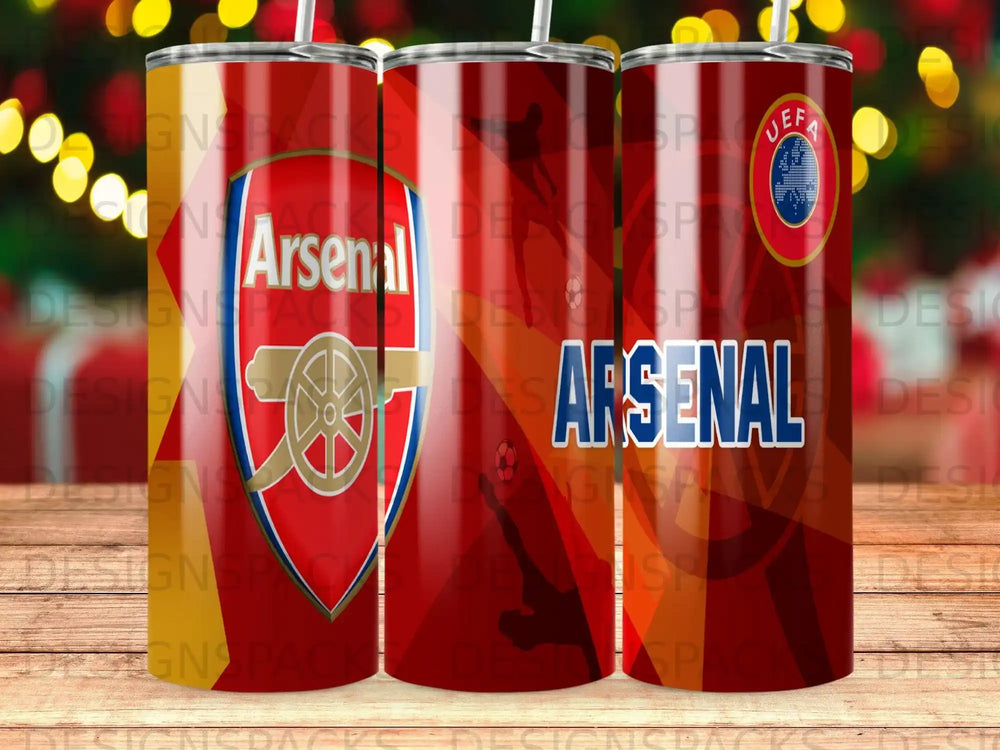 Arsenal Football Club logo and wordmark on three tumblers.