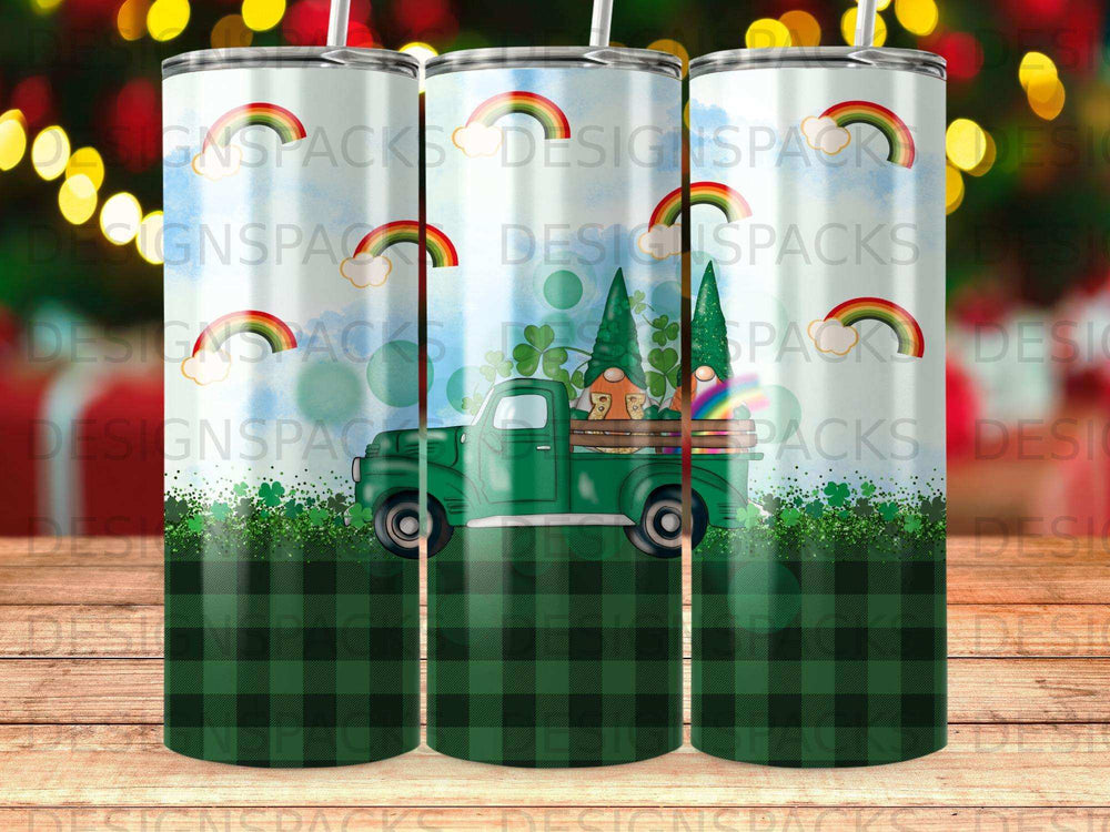 Green truck with gnomes and rainbows on buffalo plaid tumbler.