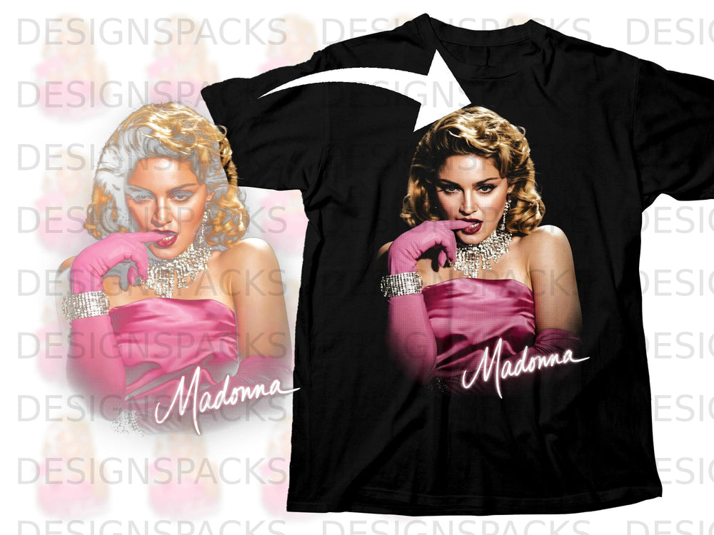 Black t-shirt with Madonna graphic and handwritten "Madonna" text.