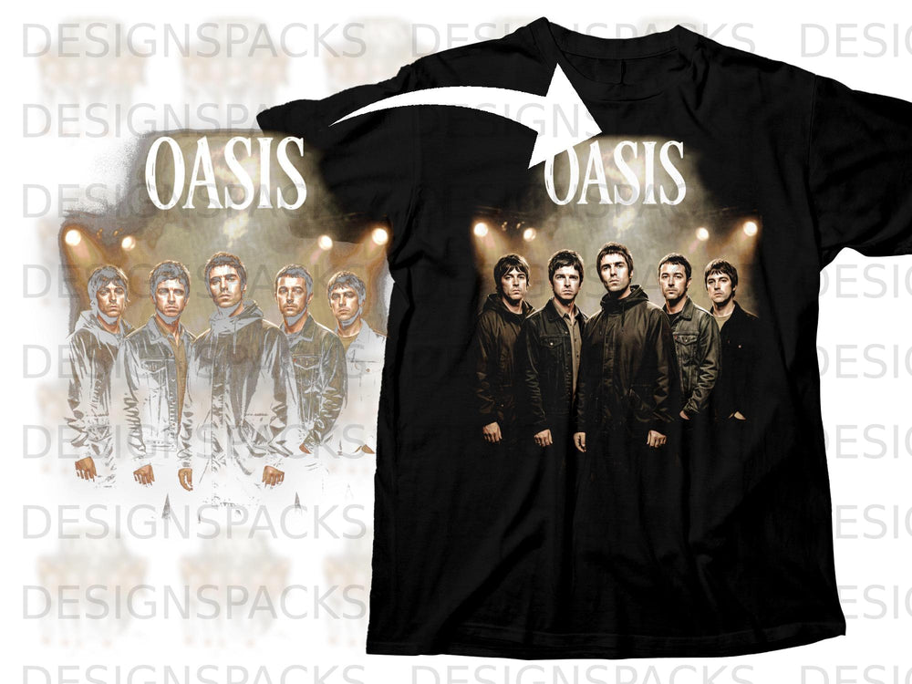 Black t-shirt with Oasis band members and logo print.