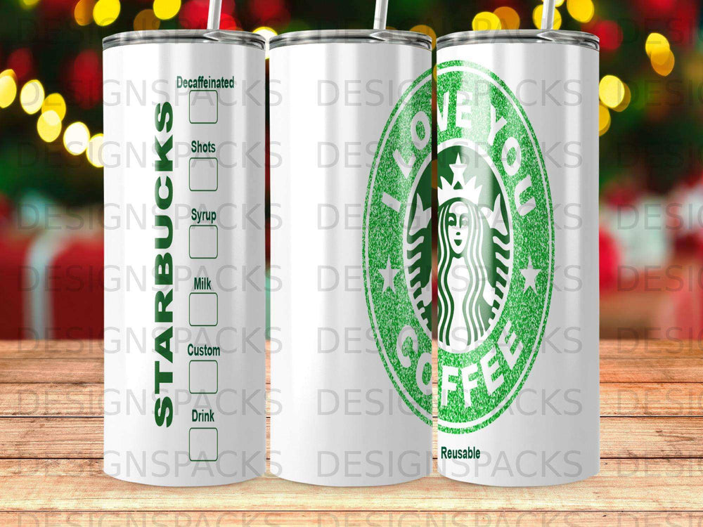 Starbucks tumbler with green siren logo and coffee shop drink options.