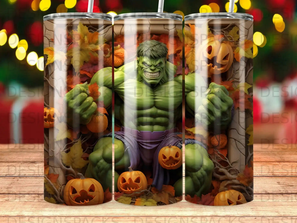 Hulk sits among pumpkins and autumn leaves.