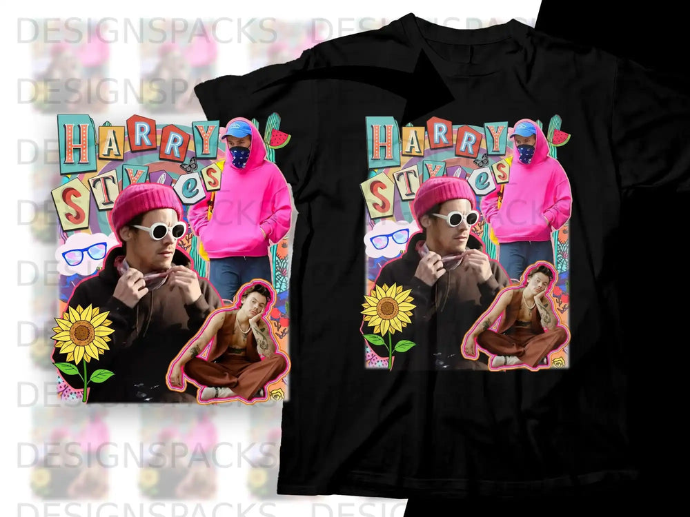 Black t-shirt featuring Harry Styles in colorful graphic with "HARRY STOR" text.